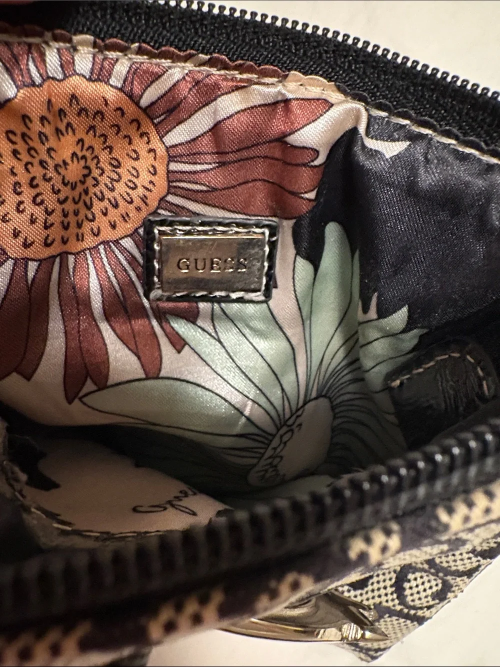 VTG Guess Monogram Small Crossbody Bag in Black and Cream with Silver Buckle